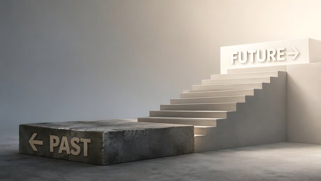 Future progress and career development concept with stone block labeled past leading to glowing white stairs and future sign