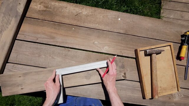 POV perspective of a woodworker measuring and marking wooden planks on an outdoor workbench for a DIY bird feeder project.