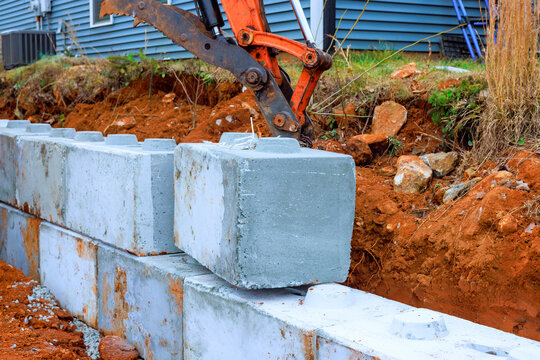 Excavator lifts places concrete blocks at construction site in residential area during build retaining walls