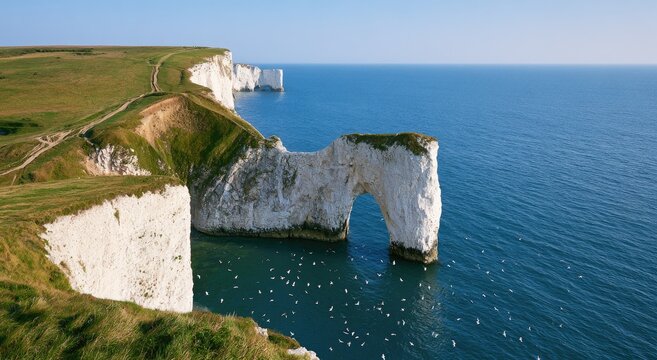 Majestic white chalk cliffs meet the deep blue sea under a clear sky