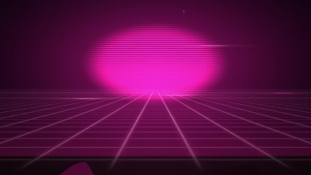 The scene shows a glowing neon grid receding into a dark room with a bright orb.