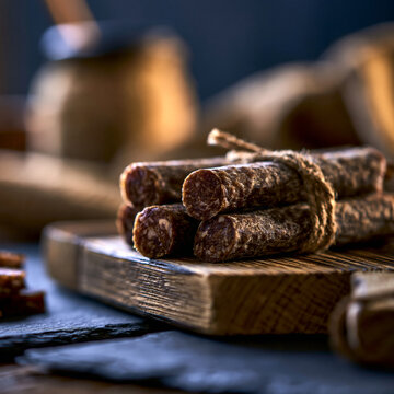 Rustic salami sticks tied with twine on a wooden board charcuterie butchery