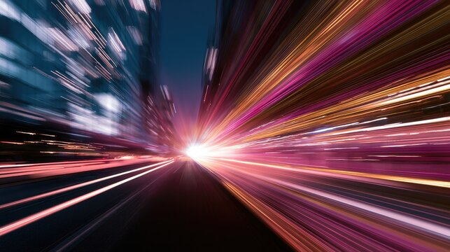 Streaking lights create a sense of rapid motion through a city at night