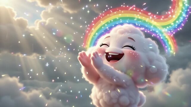 Joyful cartoon cloud character experiencing gentle rain and sunbeams, whimsical weather concept