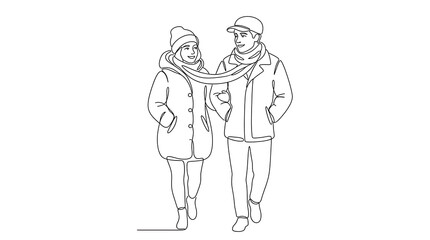 Continuous line drawing of a happy couple walking in winter clothes