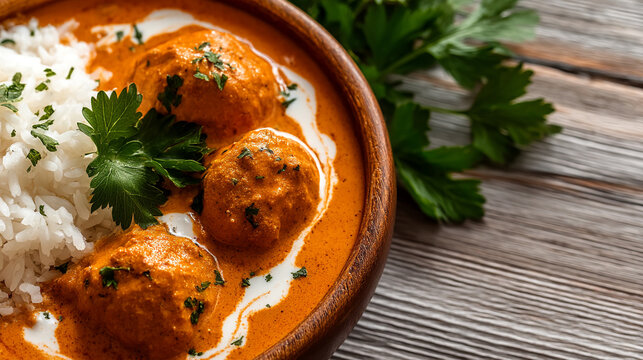 Malai kofta creamy vegetable dumplings in spiced tomato curry served with basmati rice