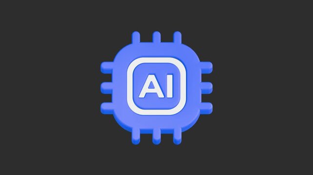 Motion 3D blue-and-white icon of a computer processor chip with the letters "AI" in the center, symbolizing artificial intelligence