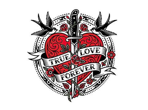 Traditional Tattoo Heart with Dagger, Roses, and Swallows