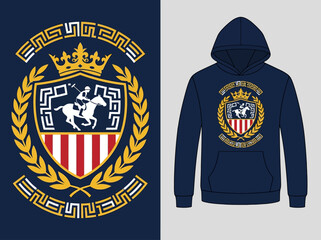 Fototapeta premium Vintage Polo Equestrian Crest Graphic on Navy Hoodie