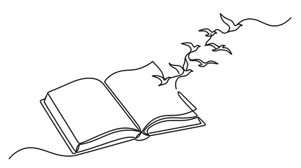 Continuous line drawing of birds flying out of an open book © Akhsan
