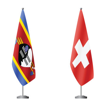 eSwatini - Swaziland and Switzerland flags on flagpoles for official ceremonies and meetings, transparent background vector