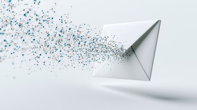 An abstract white envelope disintegrates into a cloud of colorful particles, symbolizing digital communication and data transfer