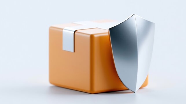 A securely packaged delivery box protected by a silver shield, symbolizing safety and security in shipping and logistics