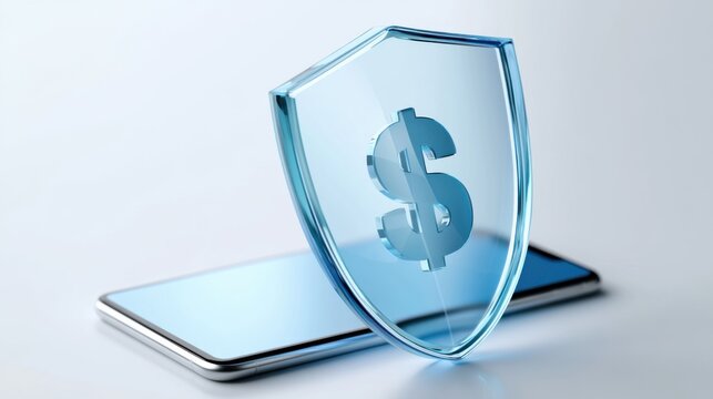 A transparent shield with a dollar sign protects a modern smartphone, symbolizing digital security and financial protection