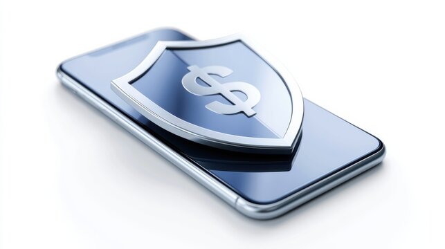 Mobile phone with a shield symbol and a dollar sign, representing financial security and protection on a smartphone