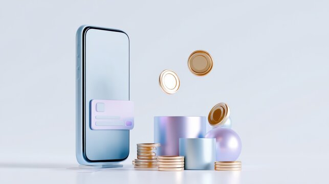 Smartphone with credit card and gold coins symbolizing online payment and financial success. This illustration depicts digital currency and a cashless transaction