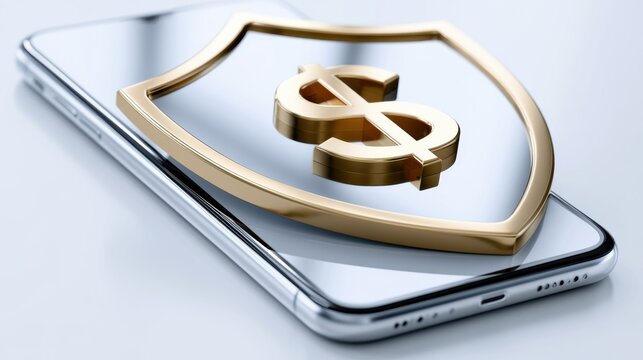 A metallic shield with a golden dollar sign rests on a silver smartphone, symbolizing financial security and protection in the digital age
