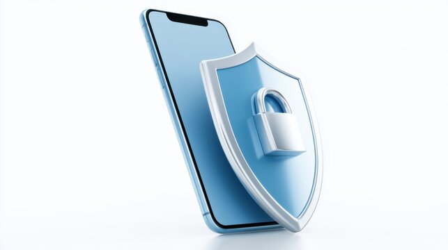 A smartphone protected by a shield and a lock, symbolizing mobile security and data privacy