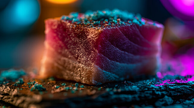 Raw tuna fish fillet square piece prepared on dark textured stone with blue lighting