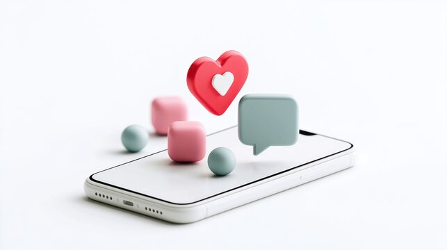 A smartphone displaying social media icons like a heart, chat bubble, and cubes, symbolizing digital connection and online interaction