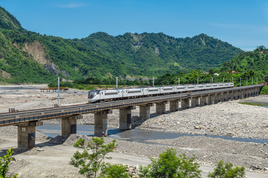 Train crossing Luya River Bridge located in Taitung County, Taiwan