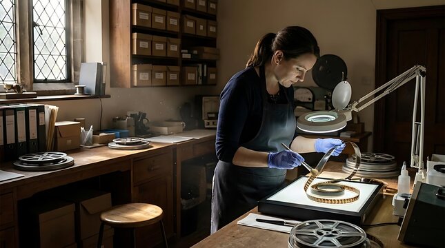 Professional technician restoring vintage film reels in darkroom workshop.