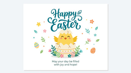 Fototapeta premium Cute Happy Easter Greeting Card with a Little Yellow Chick Hatching from a Decorated Egg and Spring Floral Elements