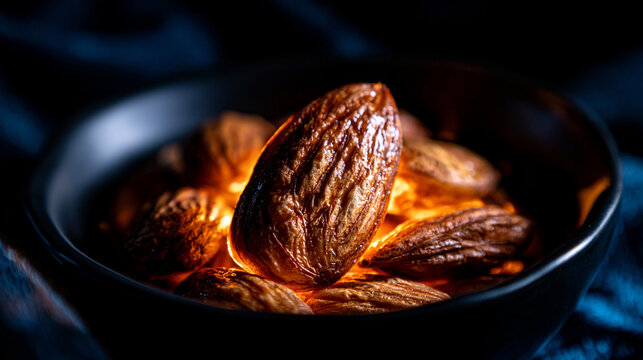Roasted almonds in a small dark ceramic bowl with ingredient culinary vegetarian