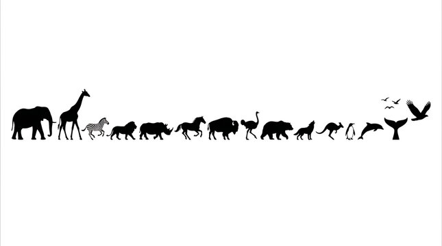 Animal Silhouettes: A striking collection of black silhouettes showcases a diverse array of wild animals standing side-by-side, illustrating the vastness and variety of the animal kingdom.