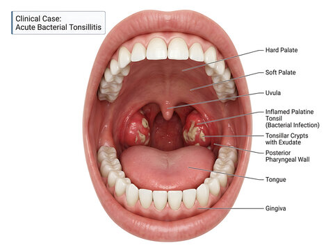 Detailed Anatomical Illustration of Acute Bacterial Tonsillitis Showing Inflamed Palatine Tonsils and Oral Cavity Structures