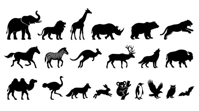 Silhouette Animal Collection: A comprehensive set of black silhouette illustrations showcasing a diverse array of wild and domesticated animals, each rendered in a distinct pose.