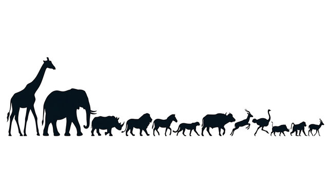 African Wildlife Safari Silhouette: A rhythmic parade of iconic wild animals in sleek silhouette, showcasing the majestic diversity of the savanna from giraffe to gazelle in a clean design.