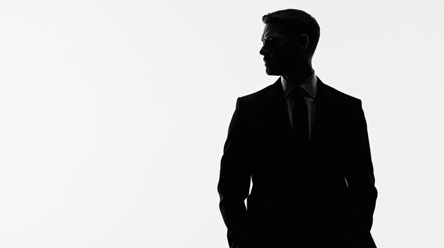 Silhouette of a man in a suit and tie against a bright white background