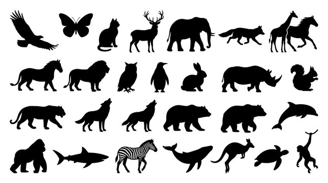 A Montage of Wildlife Silhouettes: An array of diverse animal silhouettes, from majestic eagles and lions to playful rabbits and dolphins.
