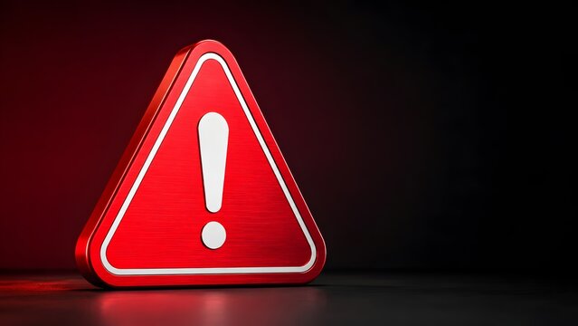 Critical hazard warning sign featuring a metallic red triangle with an exclamation mark representing danger and security alerts on a dark background