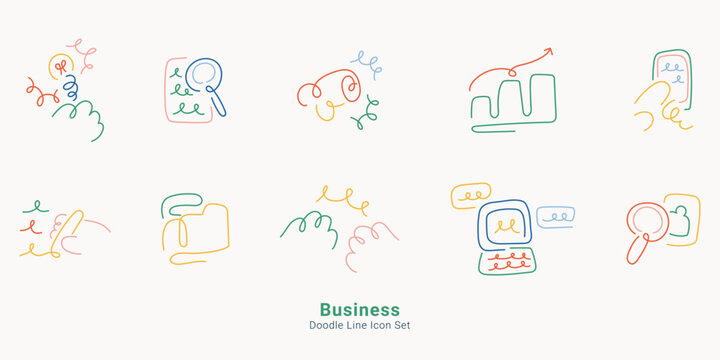 Business strategy and management concepts. Minimal abstract line icon set featuring growth chart, search document, file folder, computer interface, and analytics elements.
