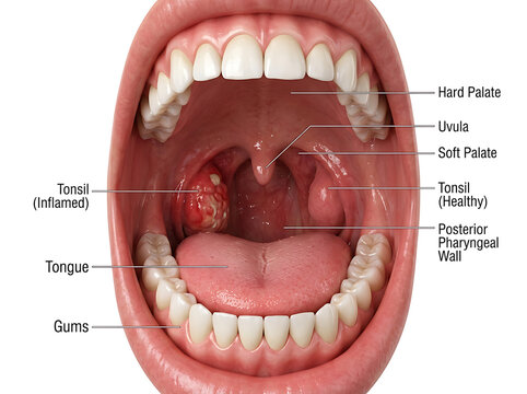 Anatomical illustration showing a comparison between a healthy tonsil and an inflamed infected tonsil within the human mouth