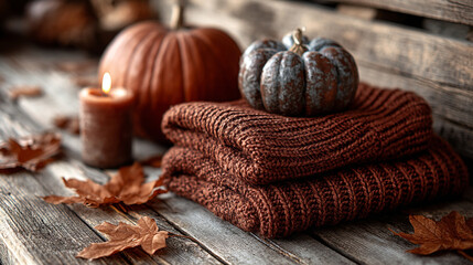 Fototapeta premium Folded brown knitted sweater with pumpkins and candle on wooden surface, pumpkins