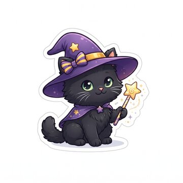Kitten wearing a witch hat holds a magic wand to cast a festive spell in this cute illustration.