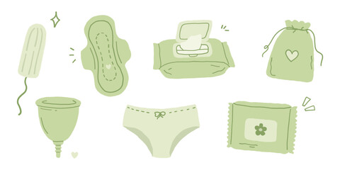 Feminine hygiene and period care essentials collection with pad tampon menstrual cup wet wipes underwear and pouch icon set isolated on white © Ruslanivna