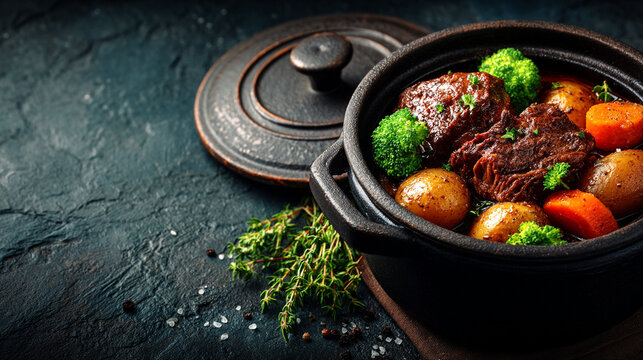 Slow cooked pot roast with carrots potatoes and broccoli in clay pot potatoes broccoli
