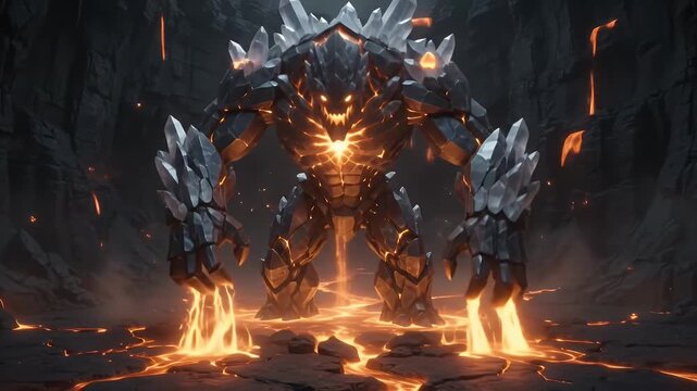 Massive Crystal Golem Guardian with Glowing Orange Eyes Lurking in a Dark Cave Dungeon