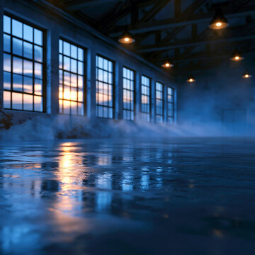 Industrial warehouse interior with foggy atmosphere and sunset light, warehouse