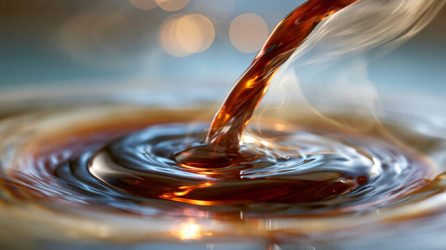 Dark roasted coffee pouring into a glass cup with rising steam and ripple waves