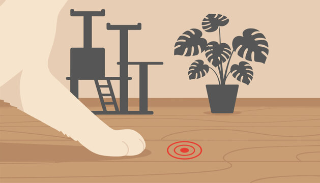 Domestic cat paw reaching for a red laser pointer dot on wooden floor next to a scratching post, playful pet behavior.
