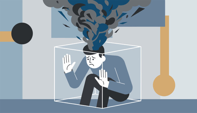 Overwhelmed man trapped in a small glass cube with dark smoke rising from his head, symbolizing mental burnout.