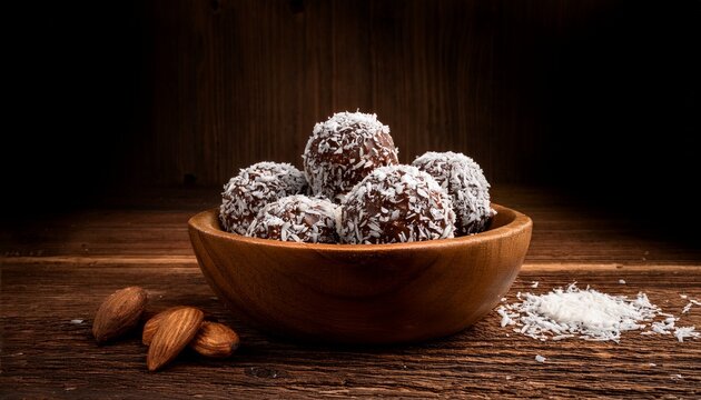 keto chocolate almond coconut fat bomb dessert snack in wooden bowl coconut topping closeup on rustic table homemade low carb treat