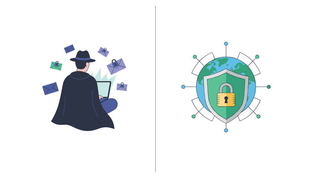 Comparison of a hacker on laptop and a secure globe with a green protective shield, demonstrating cybersecurity defense.