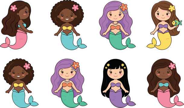 Diverse Cute Mermaid Cartoon Character Vector Illustration Set featuring Little Mythical Sea Princesses with Colorful Tails for Kids Fantasy Graphic Designs