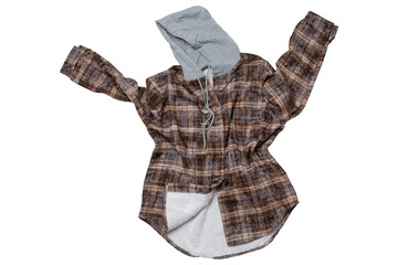 Brown check hooded flannel jacket with white fleece lining isolated on white background. Casual plaid shacket with hood in flying flat lay © aneduard